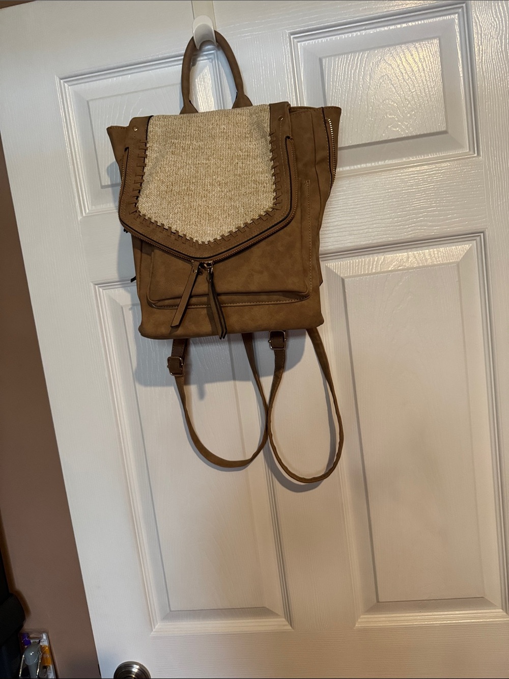 Casual Brown Faux-Leather Backpack with Cream Flap